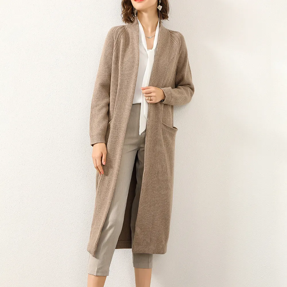 New Design Women Collarless Cotton Knitting Long Cardigan With Pocket