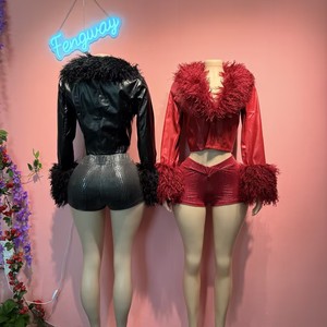 Completo <span class=keywords><strong>Donna</strong></span> Autunno Inverno 2026 in <span class=keywords><strong>Pelle</strong></span> PU, Set 2 Pezzi con Pelliccia, Giacche Corte Pelose e <span class=keywords><strong>Shorts</strong></span> Sexy Coordinati - Product Image 2