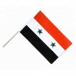 Wholesale Polyester Red White Black Green Star Syria Syrian Hand Held Waving Country National <b>Flags</b> With Pole - Product Image 1