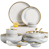 Ensemble de bols et d'assiettes en céramique à motif marbré avec bordure dorée, style luxe léger, pour la maison, vaisselle de table