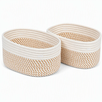 Panier de rangement ovale en corde de coton, bicolore beige et fauve, tressé pour escalier, 12"D x 8"W x 5.1"H