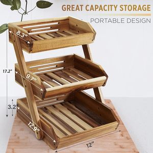 Étagère <span class=keywords><strong>de</strong></span> rangement multifonction à 3 niveaux, panier décoratif pour <span class=keywords><strong>fruits</strong></span> et légumes frais, panier en bois d'acacia pour la cuisine - Product Image 2