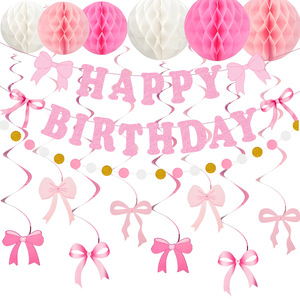 Set de Decoración con Lazo Rosa para Fiestas, Serpentinas en Espiral para Celebraciones de Cumpleaños de Niñas - Product Image 1