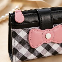 Portefeuille pour femmes en cuir PU à carreaux style Lolita Kawaii, avec nœud décoratif, mini porte-cartes de créateur, poche à monnaie zippée pour filles