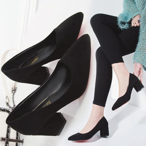 Otoño nueva moda europea y americana Suede Point Head Shallow Thick Heel Set <span class=keywords><strong>pie</strong></span> profesional zapatos individuales - Product Image 1