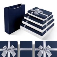 Boîte cadeau écologique recyclable bleu foncé et blanc avec nœud en ruban, couvercle et base, pour vêtements et foulards, finition mate, vente en gros