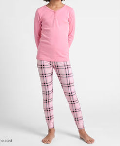 Henley pyjamaset met lange mouwen voor meisjes, effen roze top en roze geruite joggingbroek, gebreide kindernachtkleding, loungekleding - Product Image 1