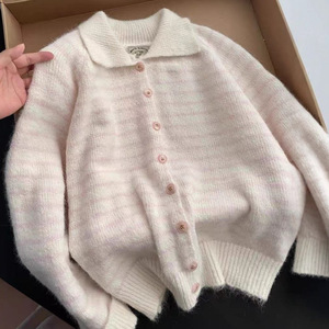 Dalang Sweater Factory Korean Style Lapel Striped <b>Cardigan</b> Women's Autumn 2025 High End Slim Knit Pink Cotton ZY240 - Product Image 1
