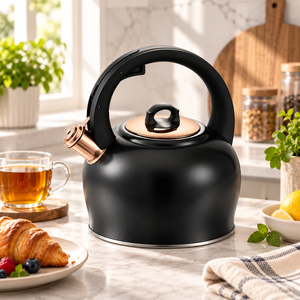 Bouilloire sifflante en acier inoxydable 2,5 L pour cuisinière, avec poignée en nylon résistante à la chaleur, noire et or rose, pour la cuisine - Product Image 4