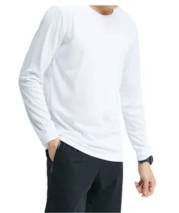 95% coton 5% spandex gym tissu slim fit blanc à manches longues t-shirts unis pour hommes