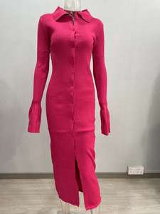 فساتين أنيقة للنساء بأكمام طويلة وياقة مطوية فساتين ذات قصة ضيقة وفتحة طويلة - Product Image 6