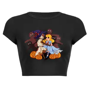 Stock halloween girl short T-shirt funny dark punk rock babes crop print cotton women OEM 100% cotone T-shirt