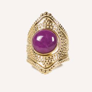 Anillo de Acero Inoxidable Dorado con Piedra Natural Púrpura, Talla Ajustable, Joyería de Moda, Estilo Primavera-Verano - Product Image 1