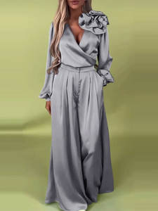 Camicetta da donna primavera e autunno elegante con scollo a V in tinta unita con abbellimenti floreali + pantaloni larghi e Casual - Product Image 5