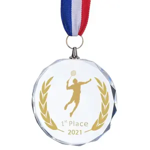 Wholesale 3D Laser Engraving Glass Cheap Award Medal With Ribbon Award Custom Glass Medals Sports MedalFor Souvenir