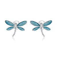 Boucles d'oreilles libellule plaquées argent avec ailes bleues et strass en cristal, design insecte pour femmes, bijoux mignons à la mode, cadeau