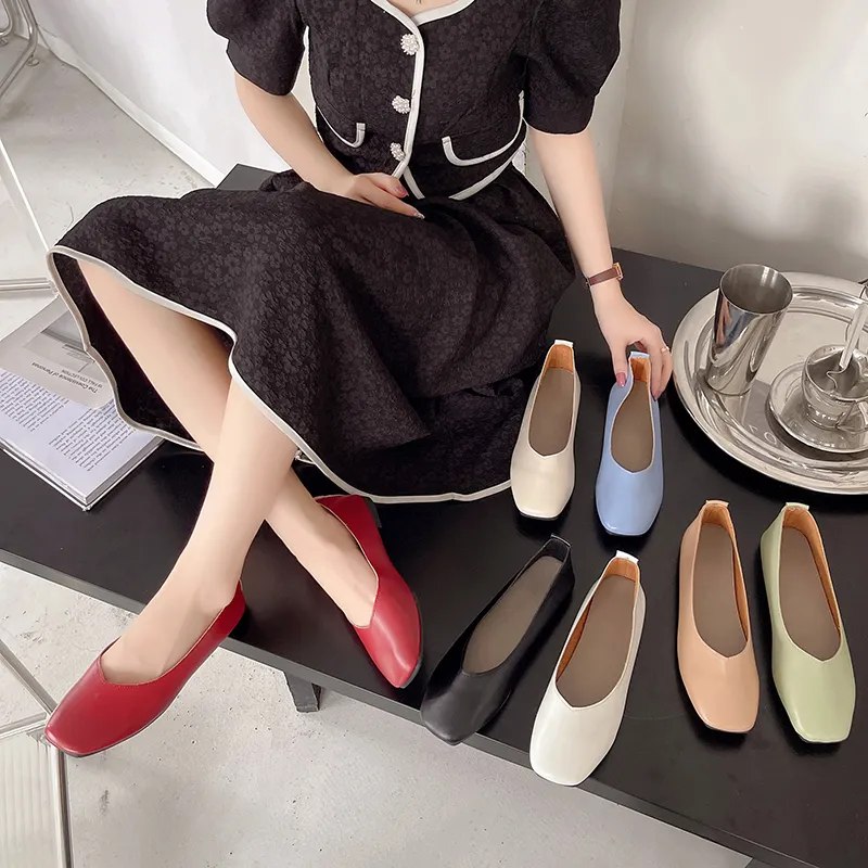 High Quality Shallow Mouth Flat Casual Square Toe Daily Wear Flat Shoes Pu Leather Women Soft Work Shoes