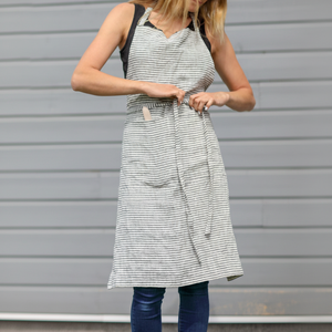 Delantal de lino a rayas para mujer, cintura larga con bolsillo, estilo de granja para cocinar, jardinería, kit de lino lavado artístico - Product Image 1