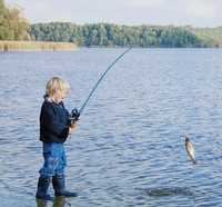 CODEK Set alat pancing anak, Kit pemula lengkap portabel teleskopik serat kaca kumparan Spincast Kombo memancing