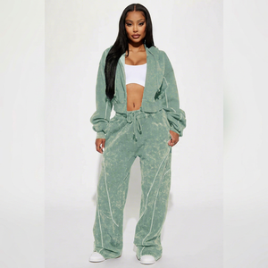 Ensemble de survêtement en coton tricoté pour femme, coupe oversize, tie-dye, couleur unie, à épaules tombantes, manches longues, pour le printemps - Product Image 3