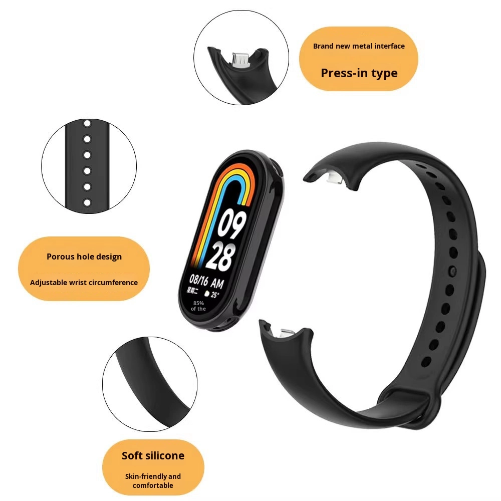 Оптовая продажа, дышащий роскошный спортивный силиконовый ремешок для Xiaomi Mi Band 10/8/9, одноцветная металлическая пряжка