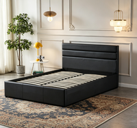 Lit convertible en cuir noir et métal, réglable, avec tête de lit capitonnée à cannelures profondes, plateforme de rangement relevable, taille King/Queen