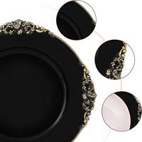 Assiette de présentation noire en plastique de 13 pouces avec bord doré, style vintage, pour mariage, assiette de table, sous-assiette en plastique