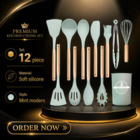 Ensemble d'ustensiles de cuisine en silicone 12 pièces, vert menthe, manche en bois, kit d'outils de cuisson résistant à la chaleur pour wok et ustensiles de cuisine