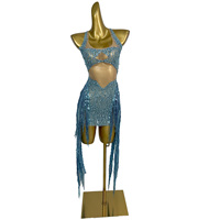 Robe moulante sexy bleue à franges et cristaux pour femme, idéale pour les soirées, cocktails, spectacles de chanteuse, tenue de festival