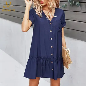 Shirt Dress Clothing Manufacturers Custom Solid Button Short Sleeve Design Loose Pleated V-neck Summer Women Casual Dress