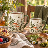 Collection de tasses en céramique illustrées à la main avec motif champignon forestier et glaçure mouchetée – Tasses en porcelaine personnalisées sur le thème de la forêt, vente en gros