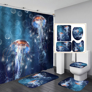 Rideau de douche personnalisé imprimé coloré avec méduses et animaux marins, ensemble de salle de bain sur le thème de la vie marine - Product Image 5