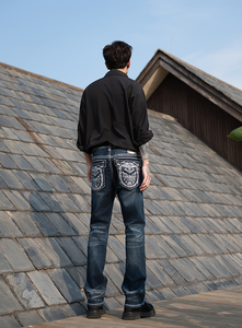 IN Stock Black Men’s Sanding Heavy Stitch Straight Leg Washed <b>Embroidered</b> Denim <b>Jeans</b> Mid Waist fashion <b>jeans</b> for men - Product Image 3