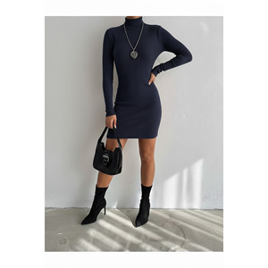 Women's <b>Elastic</b> Ribbed Stand-Up Collar Long Sleeve Midi <b>Dress</b> 90 Cm Office Wear - Product Image 2