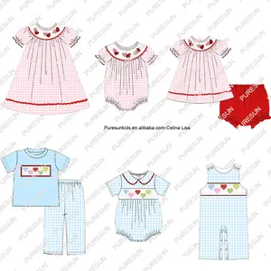 New Valentine's day children smocked clothing heart embroidery baby girls clothing set toddler girl outfit