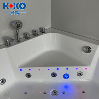 Baignoire d'angle HOKO pour 2 personnes, baignoire de massage en acrylique avec panneau en verre trempé et éclairage LED