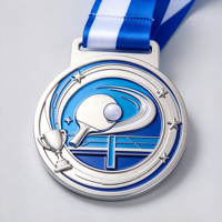 Médaille personnalisée de tennis de table en émail argenté et bleu, avec relief 3D de raquette et balle, trophée étoile pour le championnat