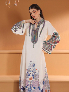 Khiêm tốn Muslim Trắng Maxi Dress đầy màu sắc thêu hoa in váy đa năng phong cách - Product Image 6