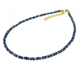 Zooying Dark Blue Picasso and Gold Seed Bead Choker Necklace Navy Blue and Gold Beaded Choker
