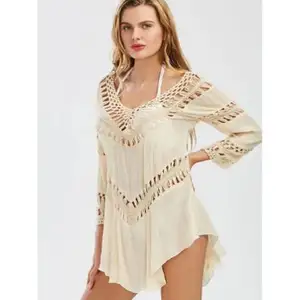 SS24 sexy Ladies long sleeve V-neck strap openwork crochet knitted hollow out mini drape dress