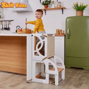 Xiair Montessori 4-in-1 스탠딩 학습 타워 유아와 어린이를위한 나무 주방 학습 칠판이있는 도우미 의자