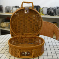 Panier de pique-nique circulaire en rotin tressé en plastique PP, artisanat traditionnel chinois, écologique, durable, portable, rangement