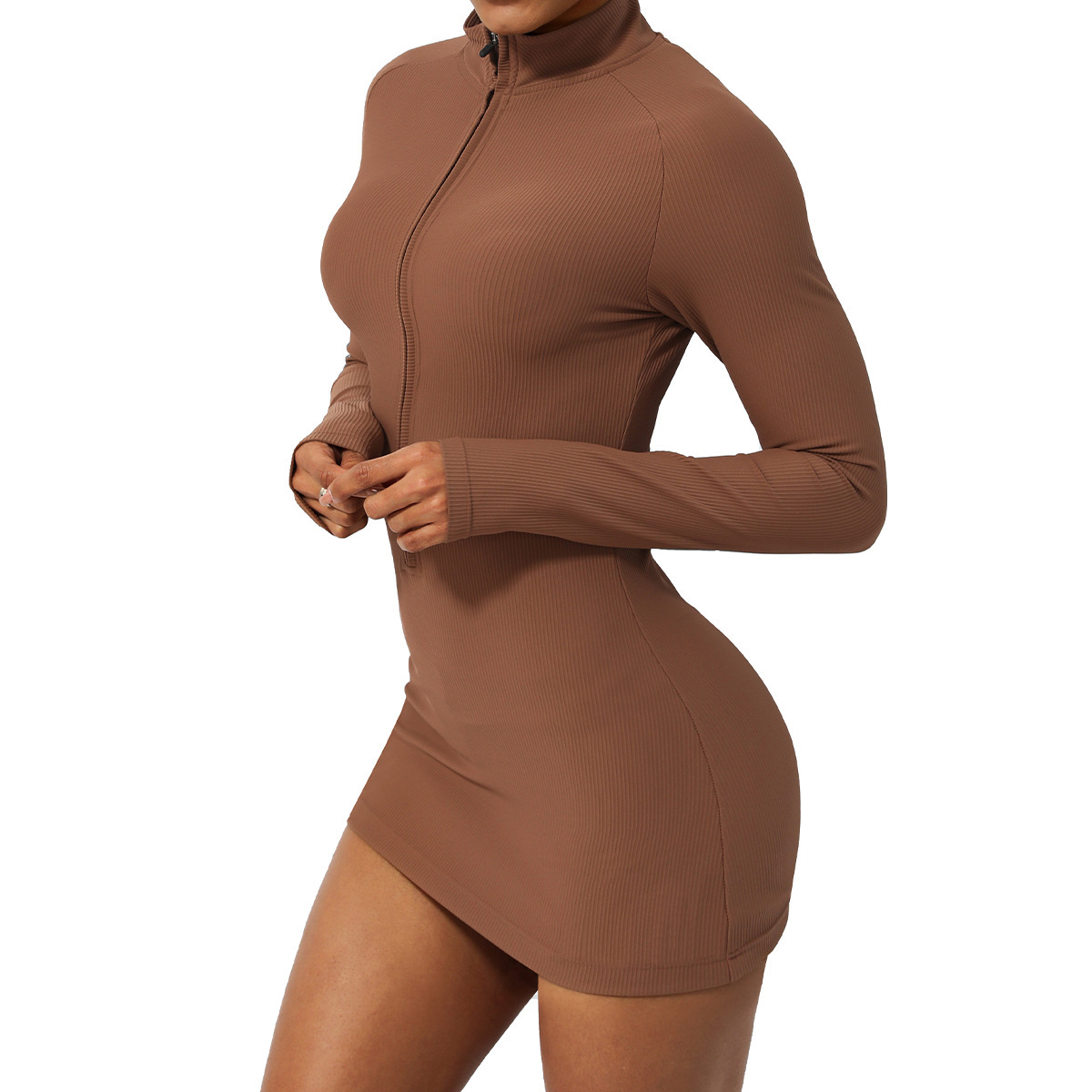 Women Compression Custom High Quality Long Sleeve Dress Ribbed Sports Dress Slim Fit One Piece Yoga Bodysuit