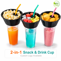 Gobelet 2-en-1 transparent en PP avec paille et logo personnalisé, bol jetable en plastique pour snacks et boissons, idéal pour bubble tea, fêtes et street food