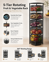 Étagère de rangement rotative à 5 niveaux pour fruits et légumes, organisateur de cuisine avec paniers pivotants, tour de rangement autoportante en métal