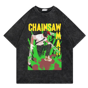 Camiseta Personalizada Negra de 280 Gramos, 100% Algodón, Lavado Ácido, Diseño Vintage de <span class=keywords><strong>Chainsaw</strong></span> <span class=keywords><strong>Man</strong></span>, Denji, <span class=keywords><strong>Makima</strong></span>, Aki Hayakawa, Anime, para Hombre - Product Image 1
