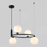 Lustre suspendu LED moderne de luxe à hauteur réglable, 6 lumières, cadre en laiton doré, boules de verre blanc laiteux, pour salon et chambre à coucher