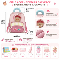 Sac à dos pour filles d'âge préscolaire avec motif champignon, multiples poches frontales, tirettes de fermeture éclair à boucles, poches élastiques pour bouteille d'eau