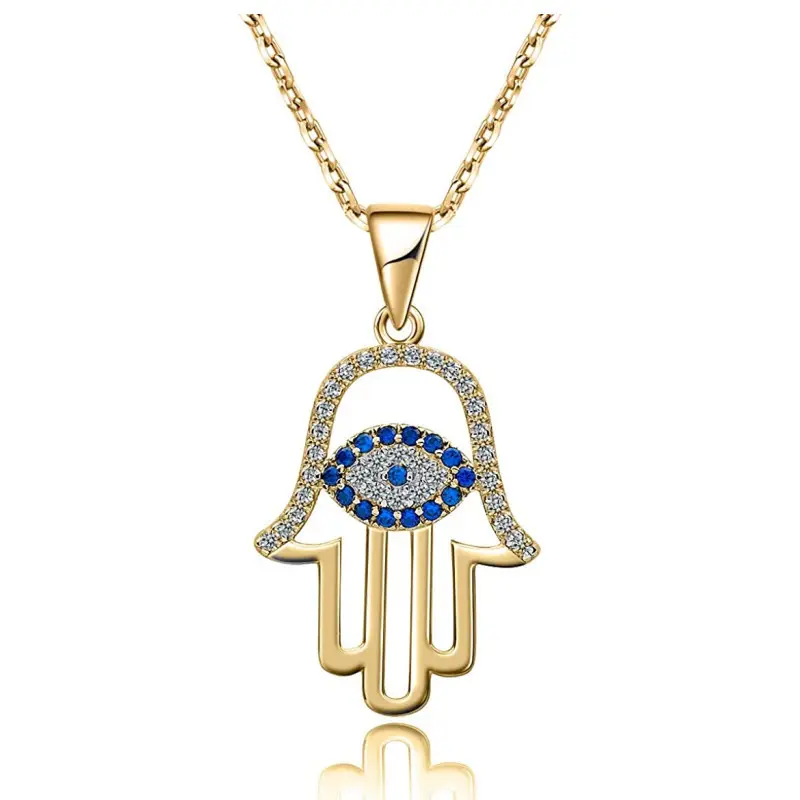 Hot Sale 18K Gold Plated Blue Diamond Evil Eyes Necklace No Fade Stainless Steel CZ Palm Shape Pendant Necklace