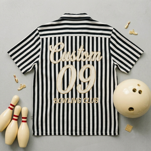 Men's Custom Black White Striped <b>Bowling</b> Shirt Camp Collar Button Down Embroidered Number Retro Short Sleeve for Streetwear Part - Product Image 2